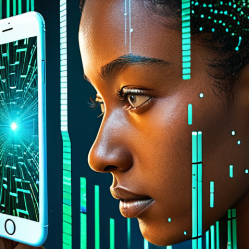 Home 11 **
A reflective scene showcasing a person looking at their reflection in a smartphone screen, with digital data streams surrounding them. The reflection is not just of their face but also shows a fragmented representation of society and technological advancements, symbolizing technology as a mirror to humanity. Use a color palette that contrasts warm skin tones with cool blues and greens of data streams.
**