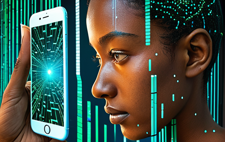 **
A reflective scene showcasing a person looking at their reflection in a smartphone screen, with digital data streams surrounding them. The reflection is not just of their face but also shows a fragmented representation of society and technological advancements, symbolizing technology as a mirror to humanity. Use a color palette that contrasts warm skin tones with cool blues and greens of data streams.
**
