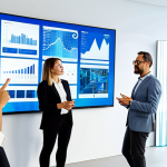 A diverse group of professional individuals, including an architect and a marketing specialist, in a modern, brightly lit collaborative office space in Valencia, Spain. They are dressed in modest business attire, fully clothed, and engaged in a discussion while looking at a large holographic display showing complex architectural designs and marketing analytics. The scene emphasizes seamless human-AI synergy, with data visualizations flowing from the display. The atmosphere is innovative and productive. professional dress, appropriate attire, safe for work, correct proportions, natural pose, well-formed hands, proper finger count, natural body proportions, family-friendly, high quality professional photography.