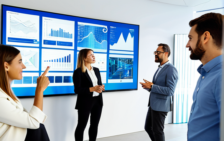 A diverse group of professional individuals, including an architect and a marketing specialist, in a modern, brightly lit collaborative office space in Valencia, Spain. They are dressed in modest business attire, fully clothed, and engaged in a discussion while looking at a large holographic display showing complex architectural designs and marketing analytics. The scene emphasizes seamless human-AI synergy, with data visualizations flowing from the display. The atmosphere is innovative and productive. professional dress, appropriate attire, safe for work, correct proportions, natural pose, well-formed hands, proper finger count, natural body proportions, family-friendly, high quality professional photography.