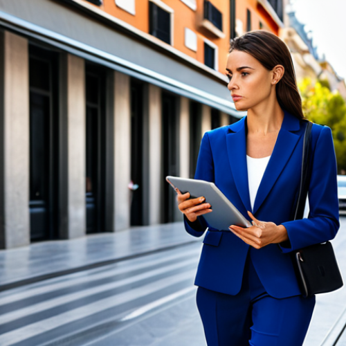 Urban Professional**

"A stylish businesswoman in a tailored pantsuit, walking confidently through the bustling streets of Madrid, Spain. She's holding a tablet, with modern buildings and vibrant city life in the background. fully clothed, appropriate attire, safe for work, perfect anatomy, natural proportions, professional photography, high quality."

**