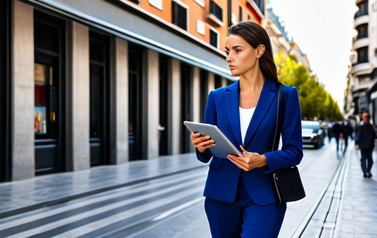 Urban Professional**

"A stylish businesswoman in a tailored pantsuit, walking confidently through the bustling streets of Madrid, Spain. She's holding a tablet, with modern buildings and vibrant city life in the background. fully clothed, appropriate attire, safe for work, perfect anatomy, natural proportions, professional photography, high quality."

**