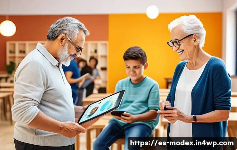 인간 기술 공존을 위한 포괄적 접근 - A diverse group of people of various ages and abilities using inclusive technology devices in a brig...