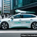Home 20 인간과 로봇의 윤리적 관계 구축하기 - A futuristic urban scene in South Korea showing a sleek autonomous vehicle involved in a minor accid...