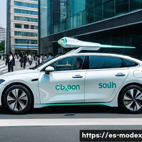 Home 32 인간과 로봇의 윤리적 관계 구축하기 - A futuristic urban scene in South Korea showing a sleek autonomous vehicle involved in a minor accid...