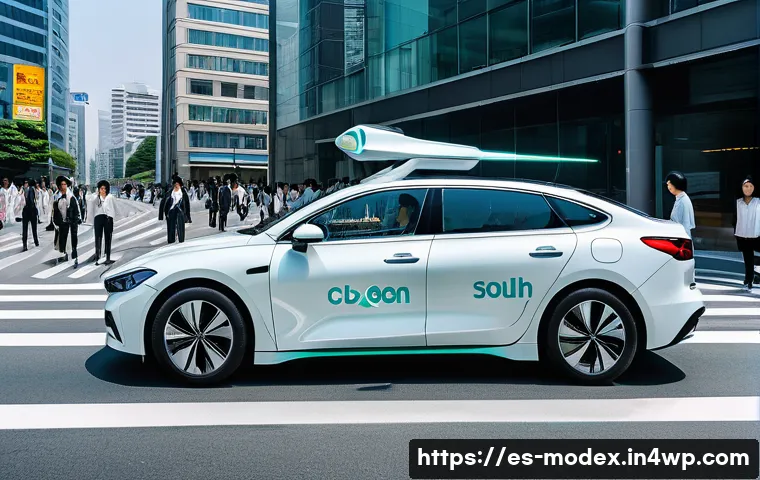 인간과 로봇의 윤리적 관계 구축하기 - A futuristic urban scene in South Korea showing a sleek autonomous vehicle involved in a minor accid...