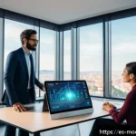 Home 19 인간 기술 공존의 미래 비전 - A modern Spanish office environment showcasing a diverse group of professionals collaborating with a...