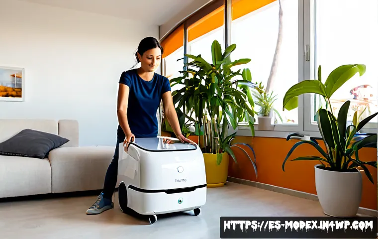 Home 17 인간 기술 공존의 미래 전망 - Photorealistic future-focused scene in a bright contemporary Madrid apartment, a middle-aged Spanish...