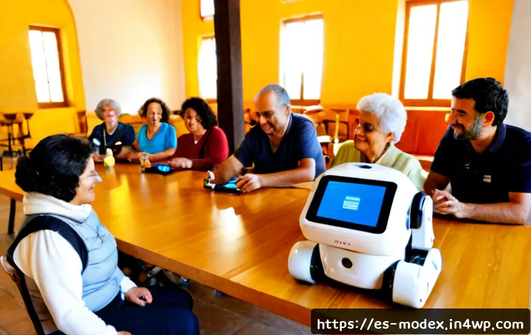 Home 17 기술과 인간의 상생을 위한 커뮤니티 구축 - Photorealistic community workshop in a sunny Spanish town civic center, diverse adults and seniors c...